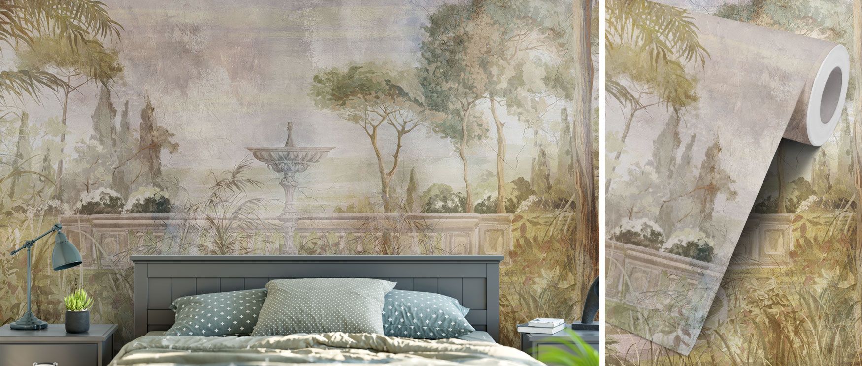 The Lost Garden Wallpaper blends flowering plants and foliage around a fountain, evoking timeless tranquility. This design creates peaceful interiors, ideal for bedrooms or reading nooks. Its charm recalls the quiet beauty of secret gardens, offering calm