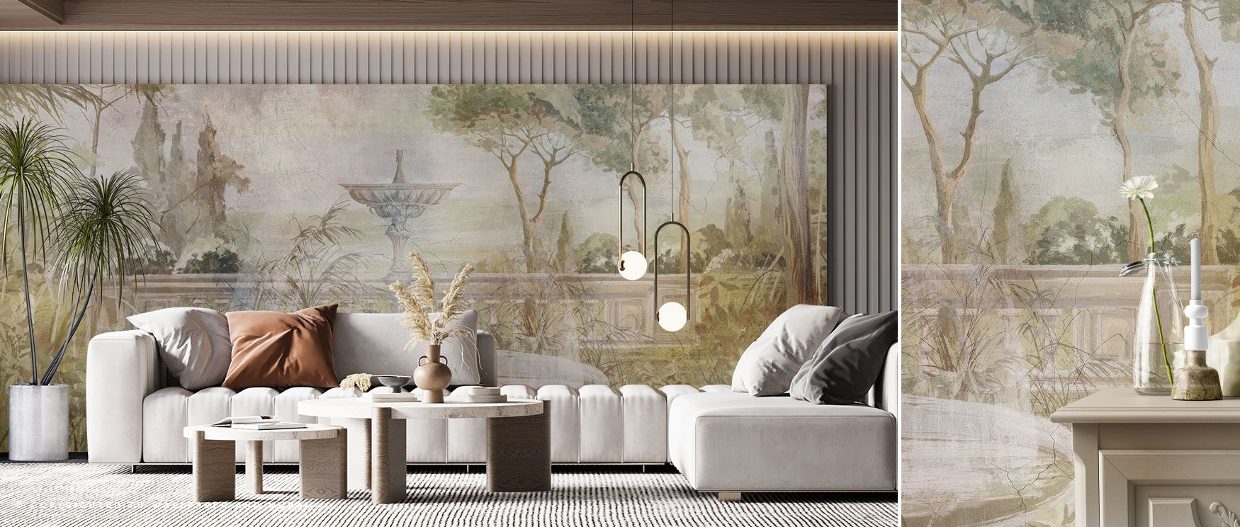 The Lost Garden Wallpaper depicts lush foliage and flowers around a fountain, capturing the mystery of hidden sanctuaries. Its imagery enhances interiors with timeless charm, ideal for studies, dining rooms, or restful bedrooms. It blends nature with deco
