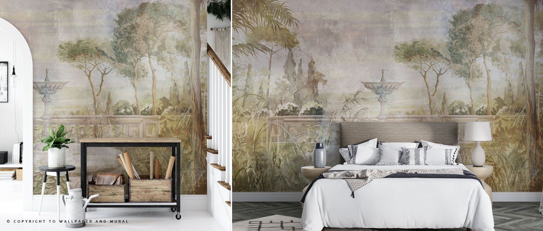 A scene of timeless tranquility unfolds in The Lost Garden Wallpaper, where an aged fountain sits among lush plants and blossoms. This design transforms walls into secret sanctuaries, perfect for restful bedrooms, elegant dining rooms, or serene living ar