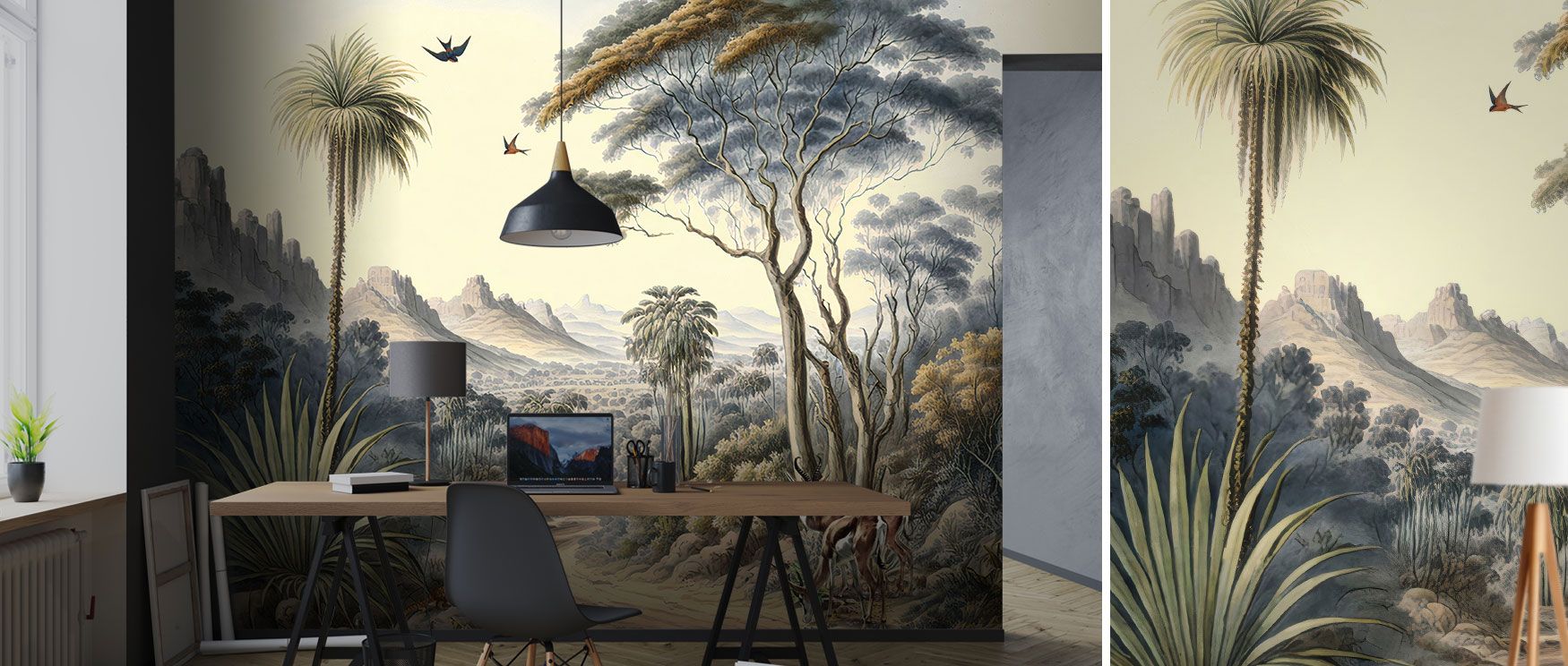 The Road to Babylon Wallpaper transforms interiors with imagery of mountains, trees, and birds in harmony. Perfect for restful studies or bedrooms, its design adds depth and elegance. Its vintage inspiration ensures timelessness, grounding walls in natura