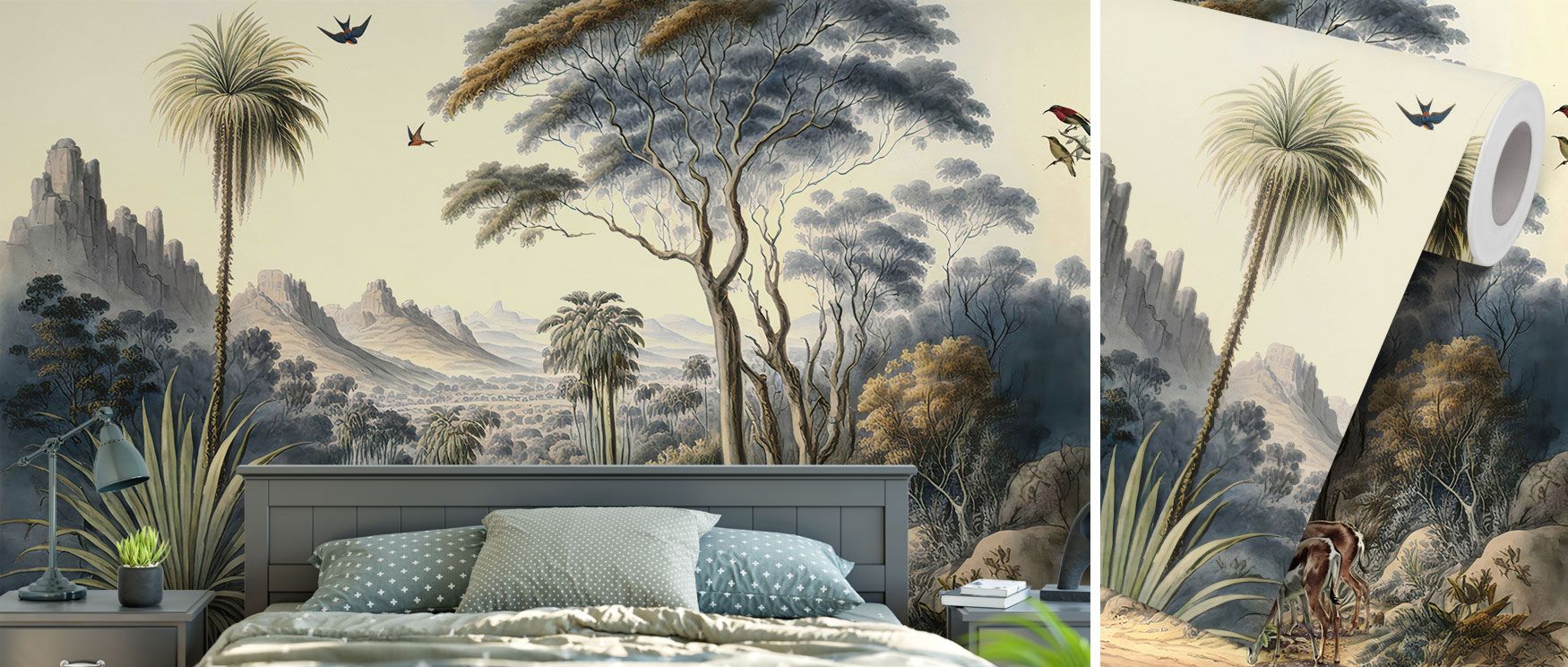 Mountains rise against forests in the Road to Babylon Wallpaper, while birds glide across the sky. The design evokes timeless grandeur, perfect for bedrooms or living spaces. Its vintage imagery offers a balance of calm and storytelling, grounding interio