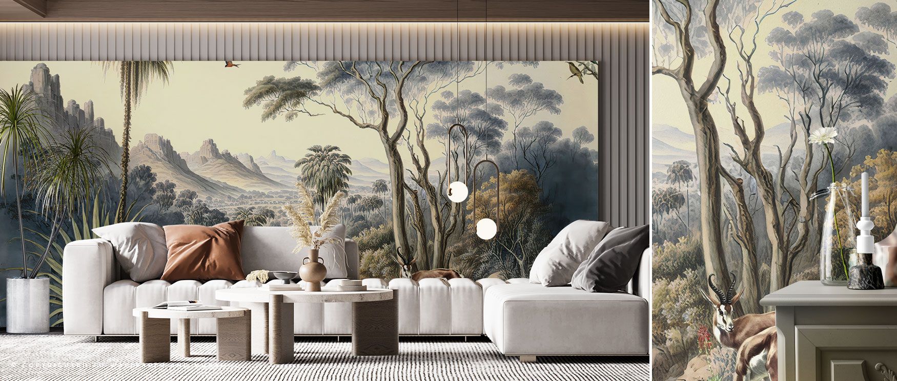 The Road to Babylon Wallpaper portrays mountains and forests beneath flocks of birds, creating a scene of timeless depth. Its vintage artistry enriches interiors with mystique, perfect for studies or living spaces that embrace natural storytelling and dec