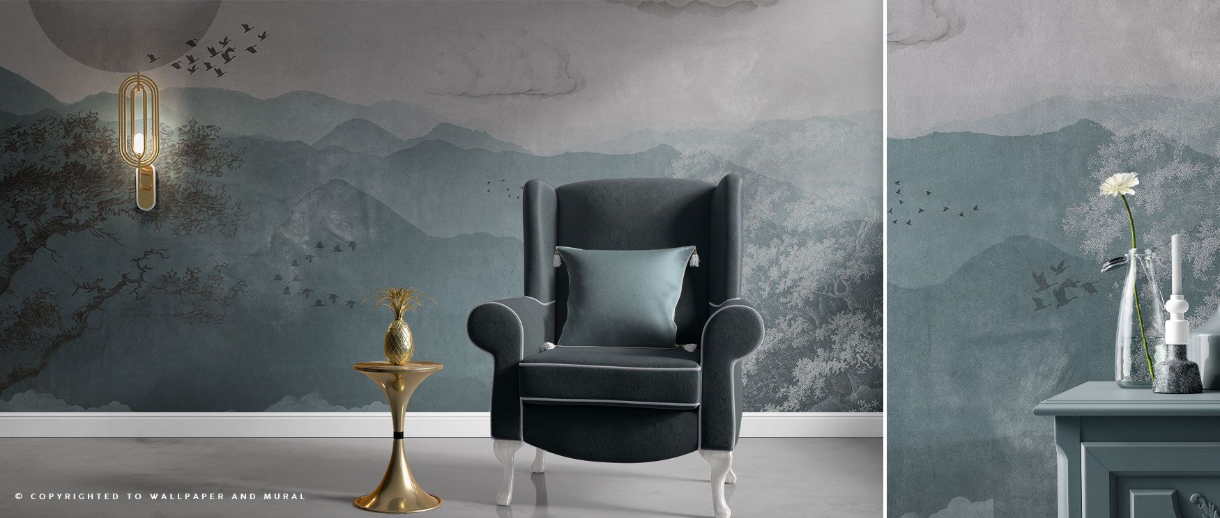 Nature Vintage Wallpaper blends mountains, clouds, and birds into a balanced composition of calm. Its design radiates peace, making it versatile for bedrooms, living rooms, or studies. The imagery captures timelessness, grounding interiors with both charm