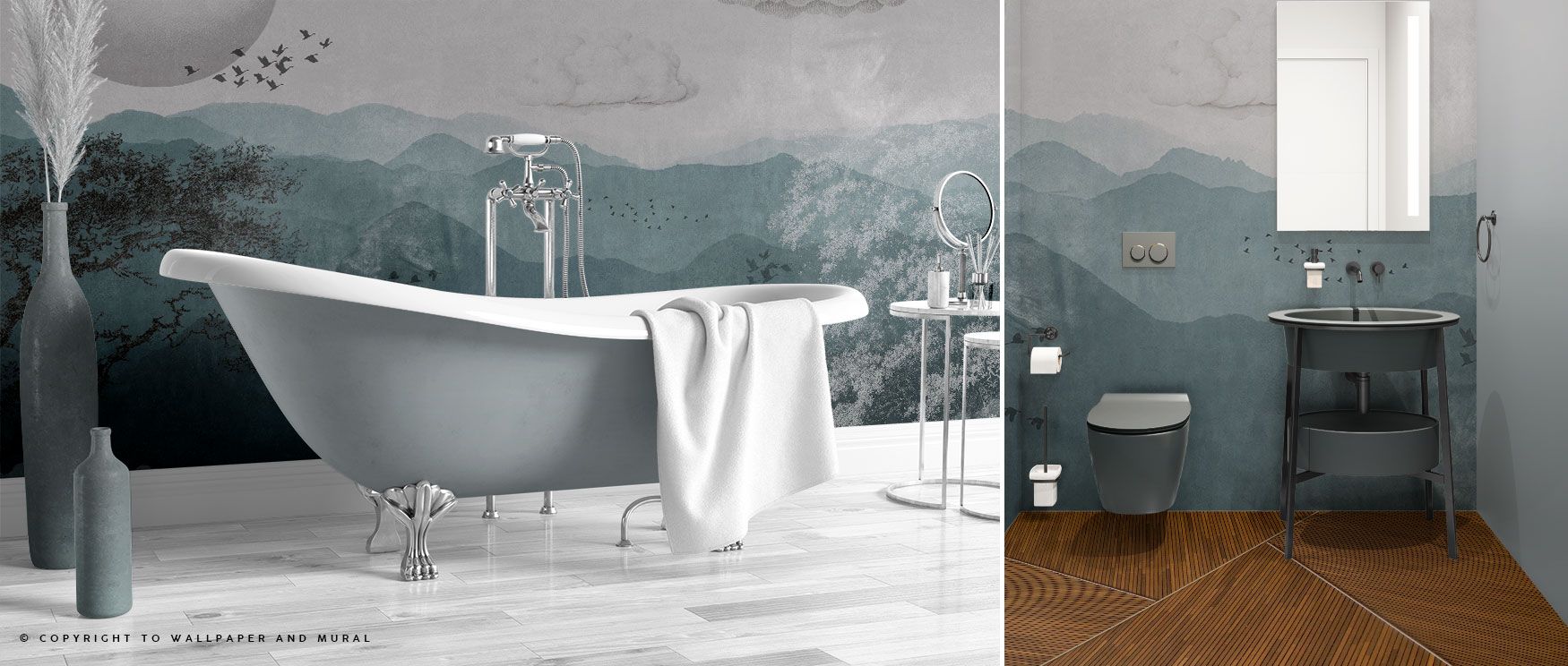A panoramic landscape unfolds in the Nature Vintage Wallpaper, where forested mountains, drifting clouds, and birds create serene harmony. Its design enriches interiors with calm beauty, ideal for restful bedrooms or rustic-inspired living spaces. 