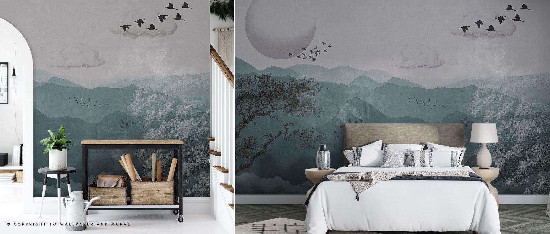The Nature Vintage Wallpaper depicts mountains softened by cloud cover, while birds add graceful rhythm. Its imagery offers tranquility and vintage elegance, enriching bedrooms or studies with natural calm. 