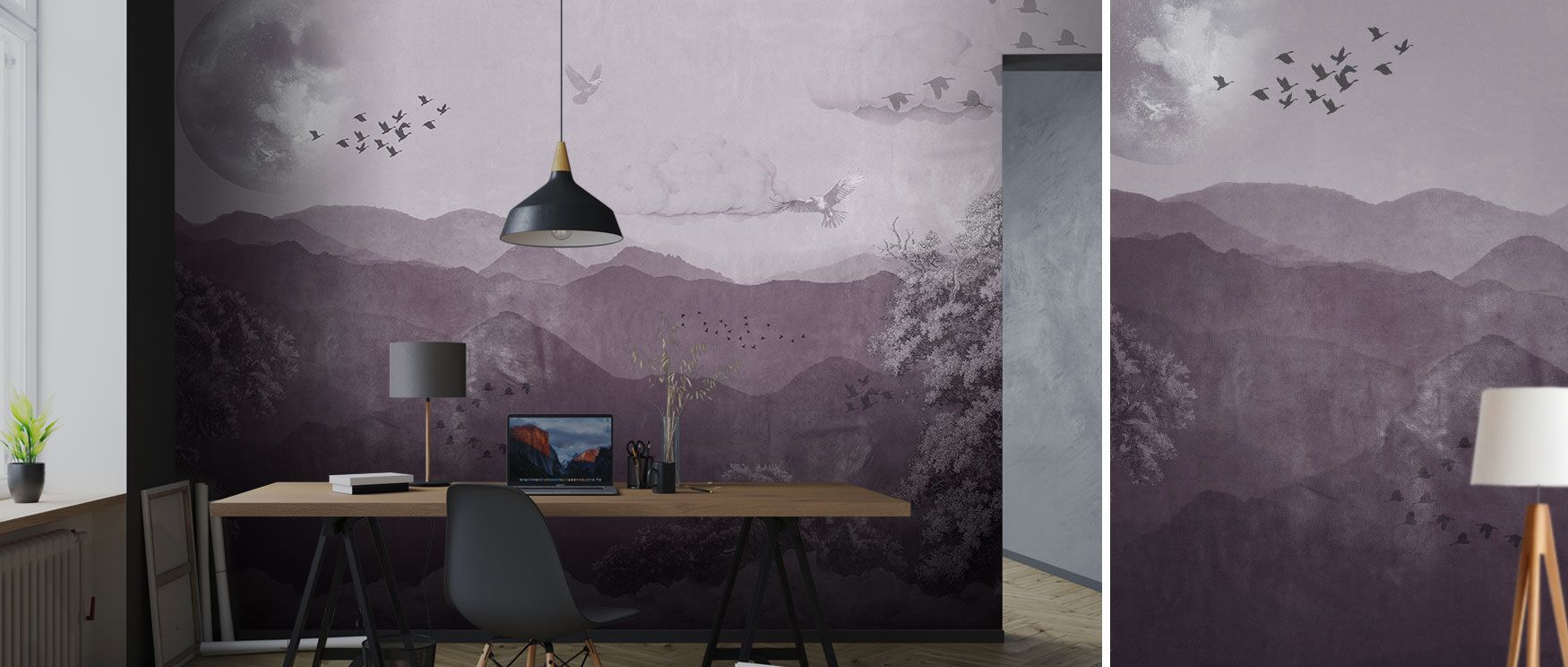 Inspired by classical landscape painting, this wallpaper features an ancient tree rooted among mountains beneath drifting clouds, with birds in motion overhead. The composition radiates calm and poetic charm, perfect for creating elegant, restful interior