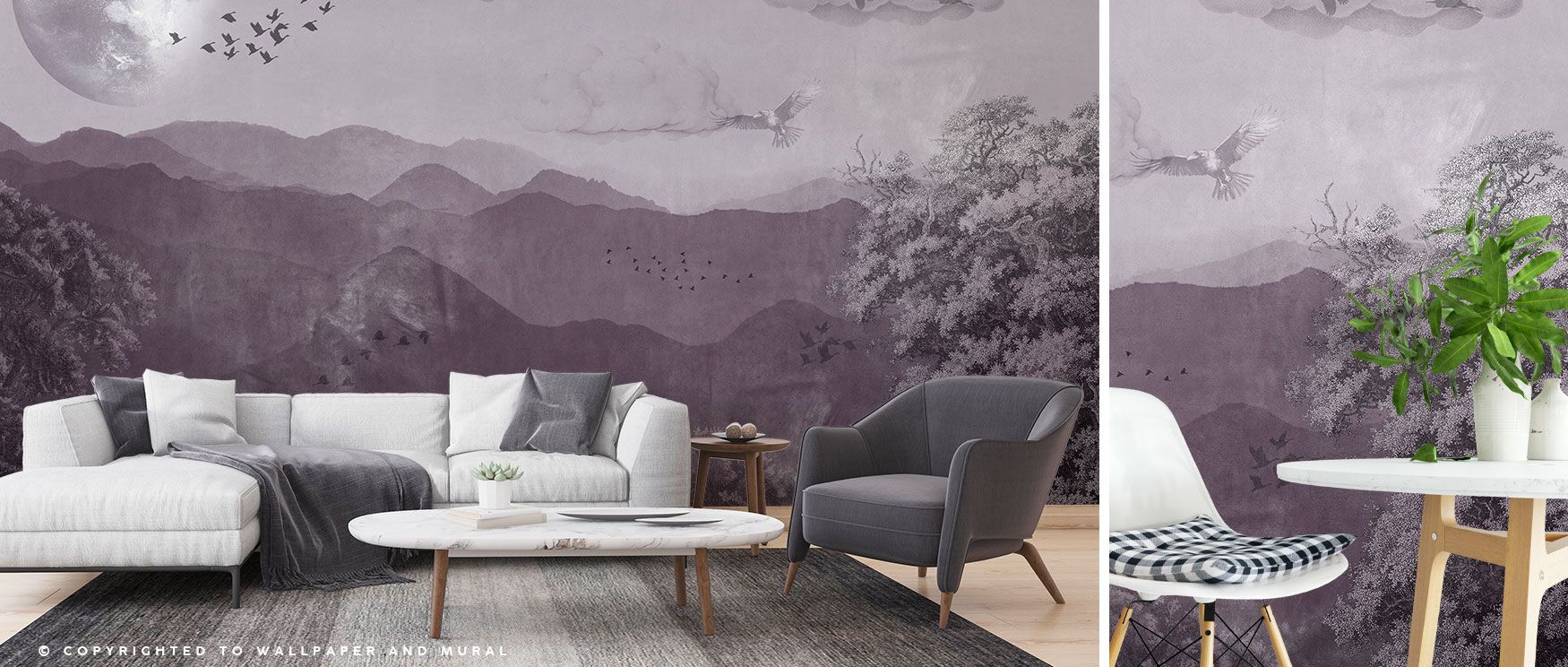 The Vintage Nature Wallpaper presents a panoramic view of mountains and sky, softened by clouds and dotted with birds in flight. At the heart stands an ancient tree, full of character and history. This scene brings timeless calm, perfect for living rooms 