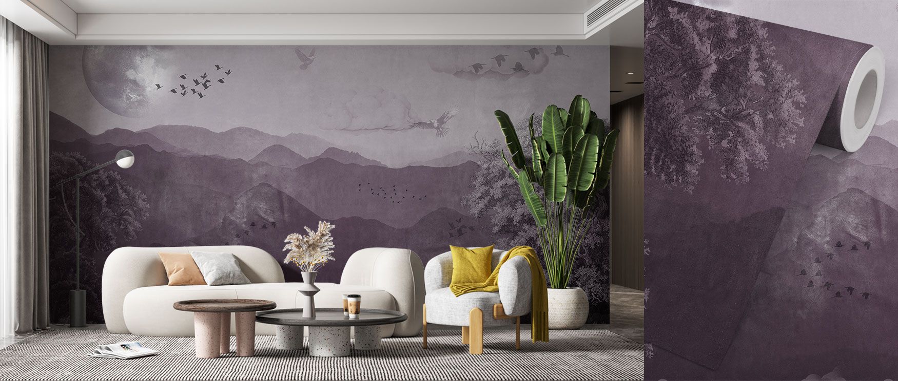 Evoking the grandeur of a painted landscape, this wallpaper blends soaring mountains, cloud-filled skies, and birds in motion with the enduring presence of an old tree. Its vintage artistry creates timeless charm for living rooms or dining rooms, connecti
