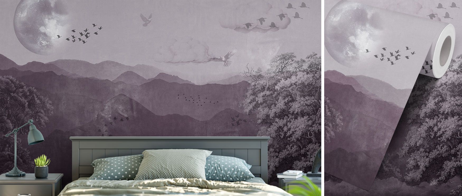 With majestic peaks and drifting clouds, the Vintage Nature Wallpaper paints a scene of poetic tranquility. Birds fly across the horizon, while a weathered tree brings depth and grounding to the view. This timeless landscape adds sophistication to bedroom