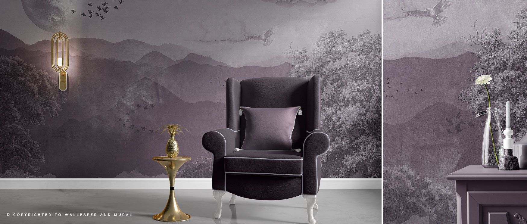 The Vintage Nature Wallpaper tells a story of timeless scenery, where rugged mountains meet soft clouds, and birds add motion above an ancient tree. This design creates calm, balance, and inspiration, ideal for studies, bedrooms, or living spaces in need 
