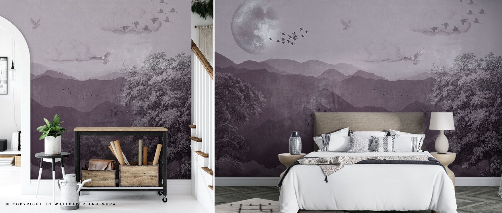 Clouds drift over distant mountains in the Vintage Nature Wallpaper, where graceful birds cross the sky and an ancient tree lends history to the view. This elegant wall covering offers harmony and calm, making it perfect for spaces that seek classical bea