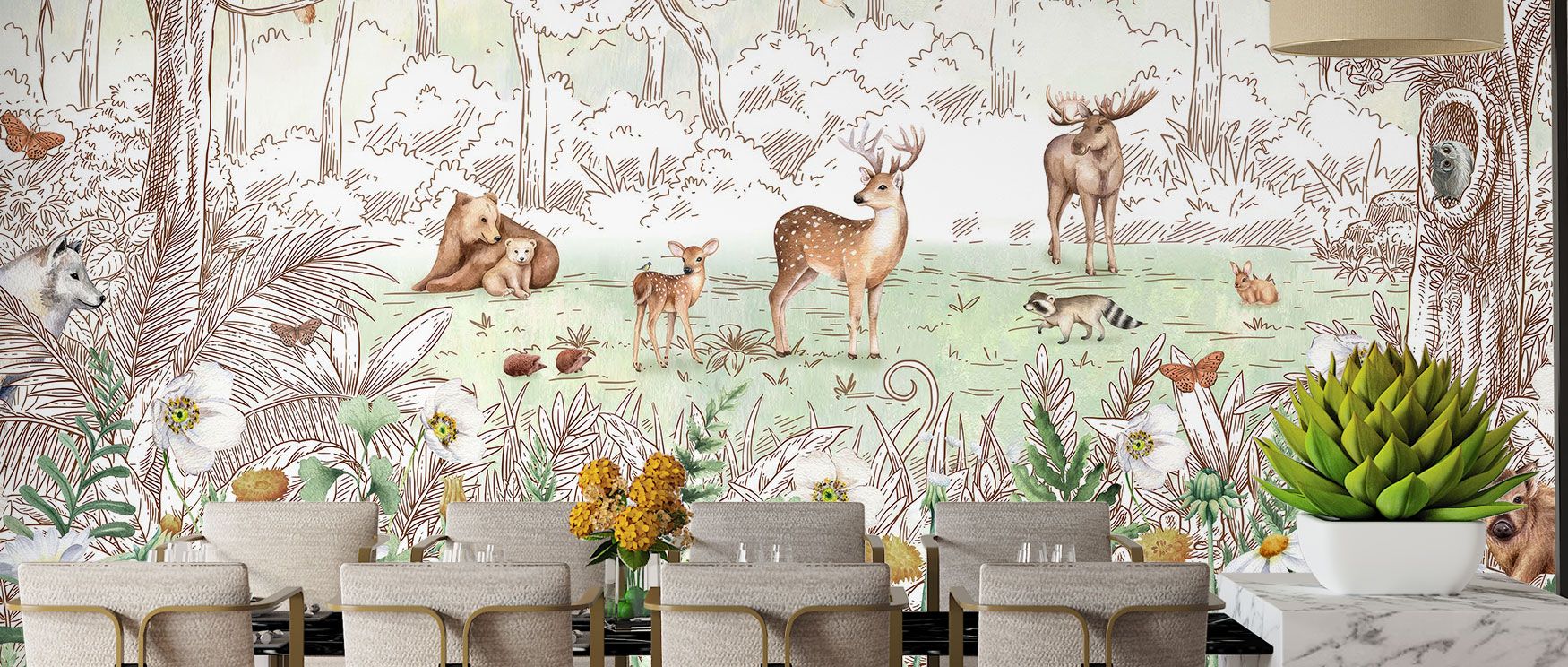 Birchspring Deer Wildlife Wallpaper evokes woodland peace with deer and trees depicted in vintage style. Its calm tones and gentle imagery enrich interiors, creating restful retreats in living rooms or bedrooms, grounding them in nature’s enduring presenc