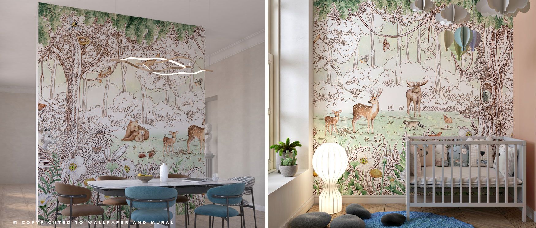 In the Birchspring Deer Wildlife Wallpaper, deer wander through a forest of large trees, their quiet presence evoking harmony. The timeless design captures the essence of nature’s grace, offering elegant calm for studies, bedrooms, and restful interiors. 