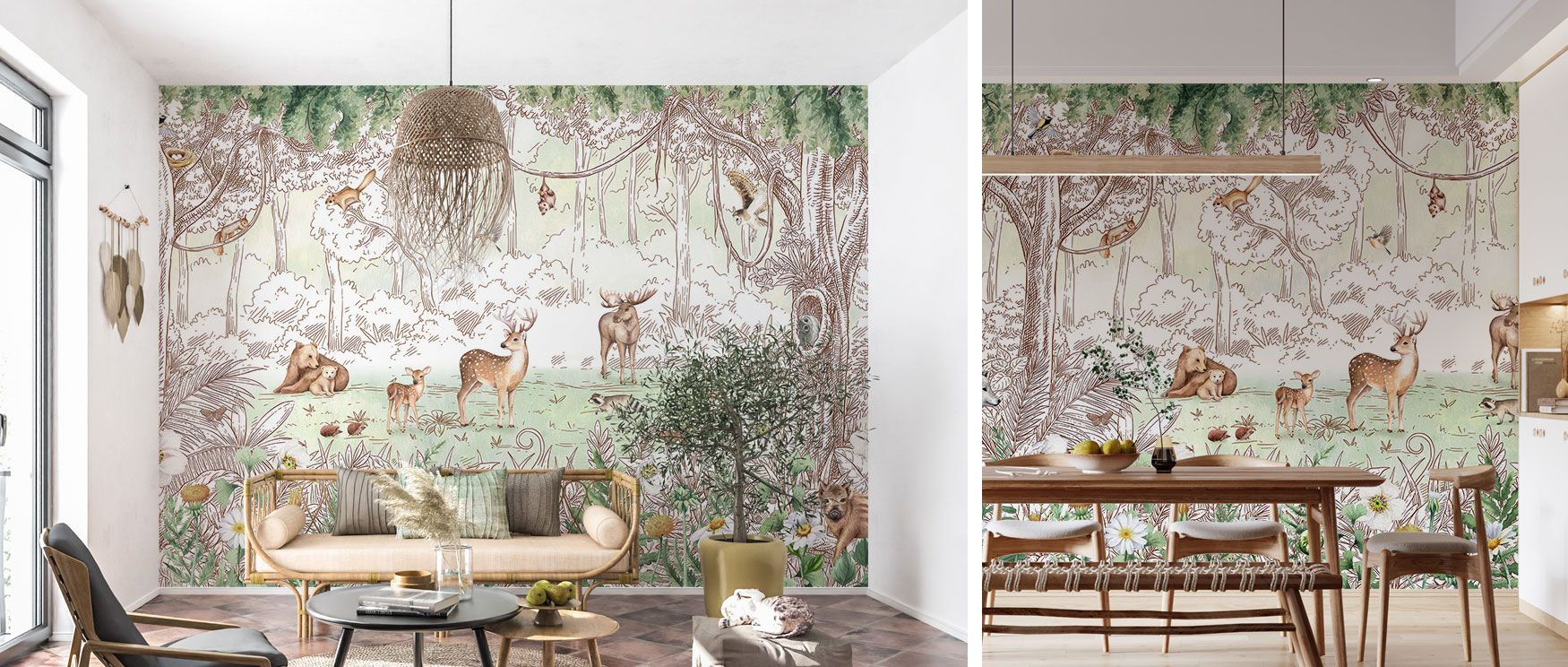 Deer appear gracefully among the trees in this wallpaper, creating an idyllic woodland scene. Vintage styling enhances its charm, while the design fills rooms with peace. Perfect for bedrooms, living rooms, or studies, it enriches spaces with serenity. 
