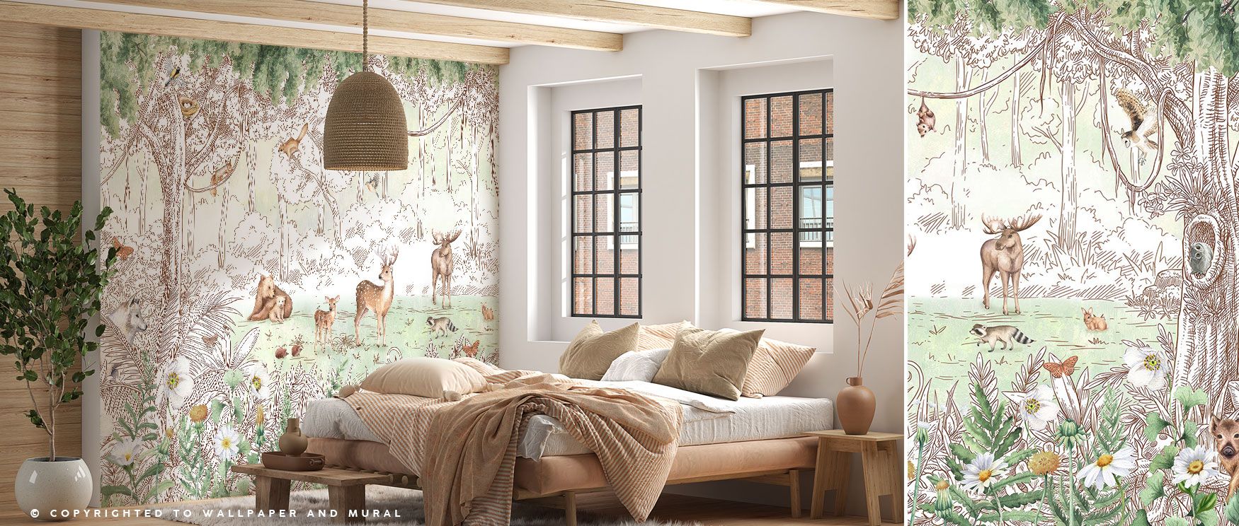 With deer nestled among tall trees, the Birchspring Deer Wildlife Wallpaper creates a quiet woodland scene. Its timeless imagery and natural beauty offer grounding tranquility for living spaces, bedrooms, or contemplative studies. 