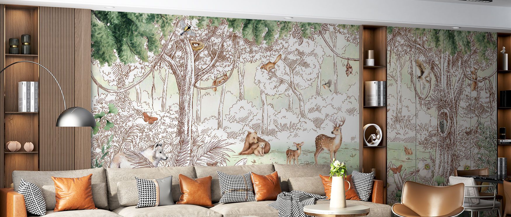 A forest scene emerges in the Birchspring Deer Wildlife Wallpaper, where deer and trees blend in peaceful rhythm. This vintage-inspired design transforms walls into serene landscapes, ideal for interiors seeking rustic calm and natural inspiration. 