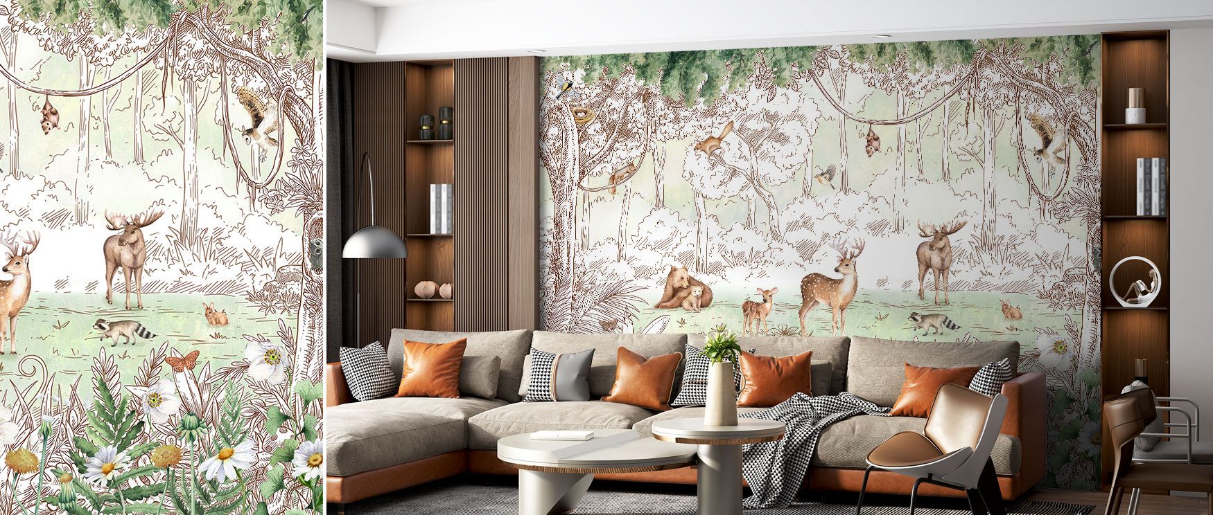 The Birchspring Deer Wildlife Wallpaper captures gentle deer framed by tall woodland trees. Its vintage design enriches interiors with timeless beauty, fostering calm in bedrooms, studies, or living rooms that embrace a love for nature. 