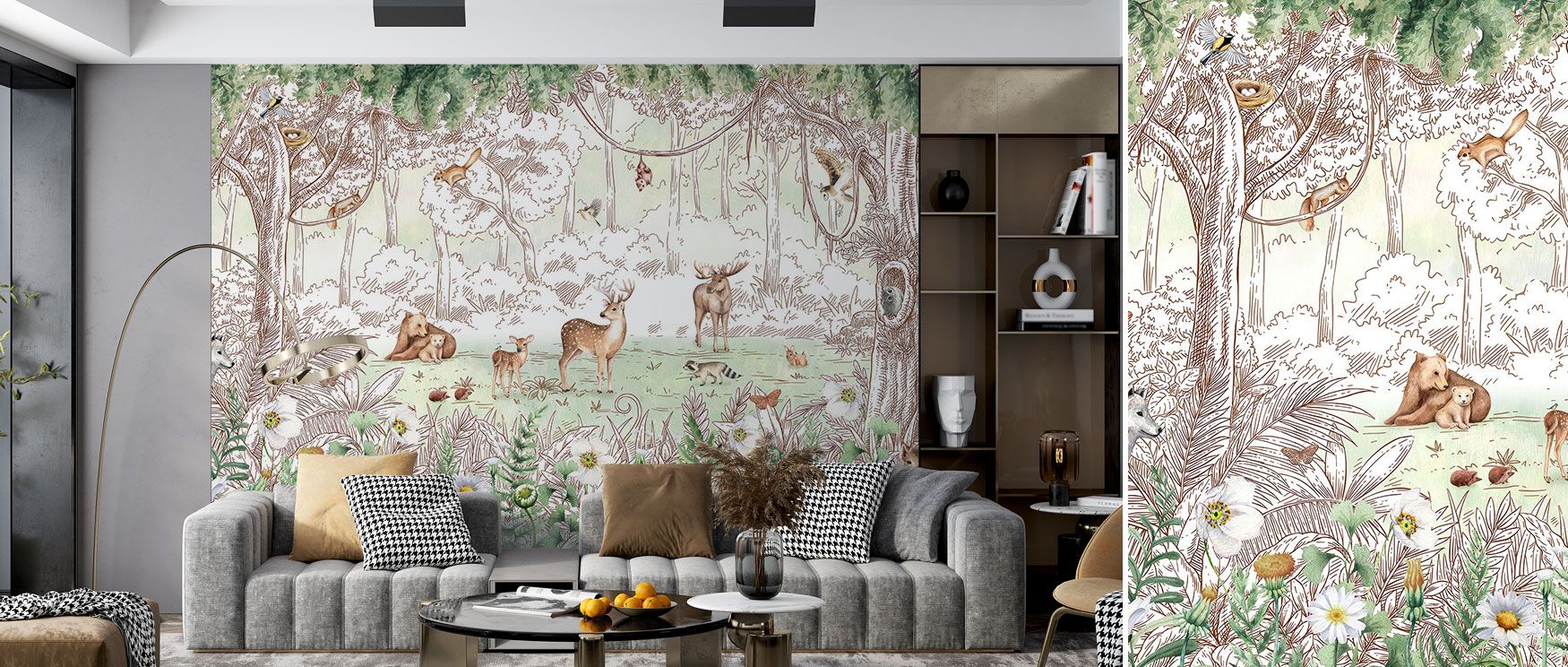 In this wallpaper, deer grace a forest of towering trees, creating a tranquil woodland tableau. Its charm lies in balance and serenity, perfect for studies, bedrooms, or rustic-themed interiors seeking calm natural elegance. 