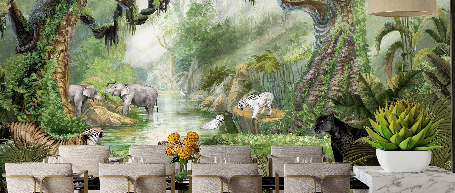 With bold colors and lively details, the Jungle Safari Wallpaper depicts a forest alive with elephants, cats, and birds. This adventurous design creates exotic interiors, ideal for playful living rooms, creative studios, or bedrooms full of energy. 
