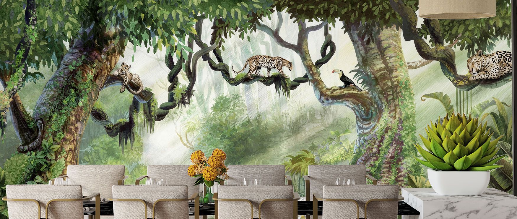 Jungle Safari Wallpaper celebrates tropical wilderness, where trees shelter elephants, cats, and vibrant birds. The design transforms interiors into exotic retreats, offering boldness and wonder in spaces like bedrooms, dining areas, or family rooms.