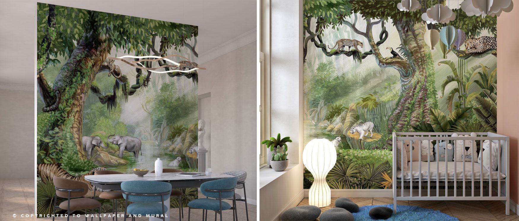 Elephants stride among tropical trees in this wallpaper, while wild cats and exotic birds add richness to the scene. The Jungle Safari Wallpaper infuses interiors with lively energy, ideal for adventurous bedrooms, creative studios, or family spaces. 