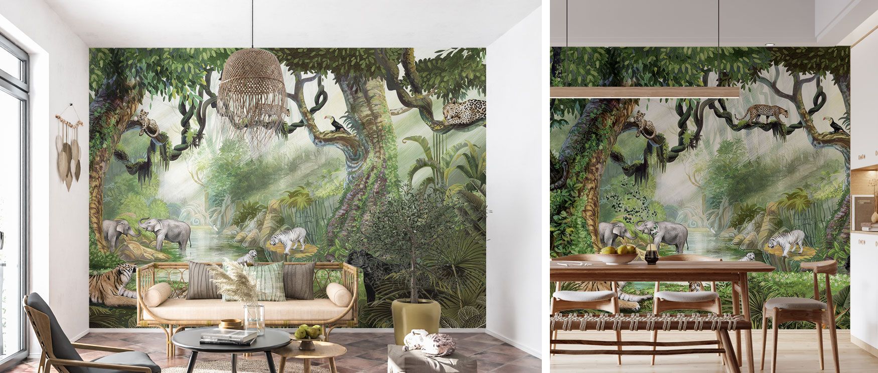 Birds in vibrant colors fly gracefully across the Jungle Safari Wallpaper, weaving through elephants and cats among tropical foliage. The scene pulses with exotic beauty, perfect for living rooms, children’s areas, or interiors that celebrate discovery. 
