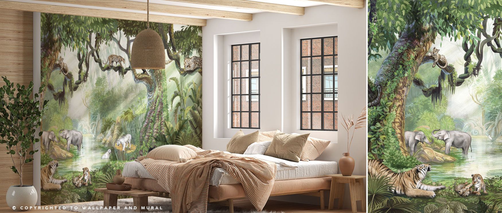 The Jungle Safari Wallpaper offers a panoramic jungle view, where elephants, cats, and birds coexist in tropical harmony. Its vibrant design creates adventurous interiors, ideal for transforming bedrooms, living rooms, or playful family spaces. 