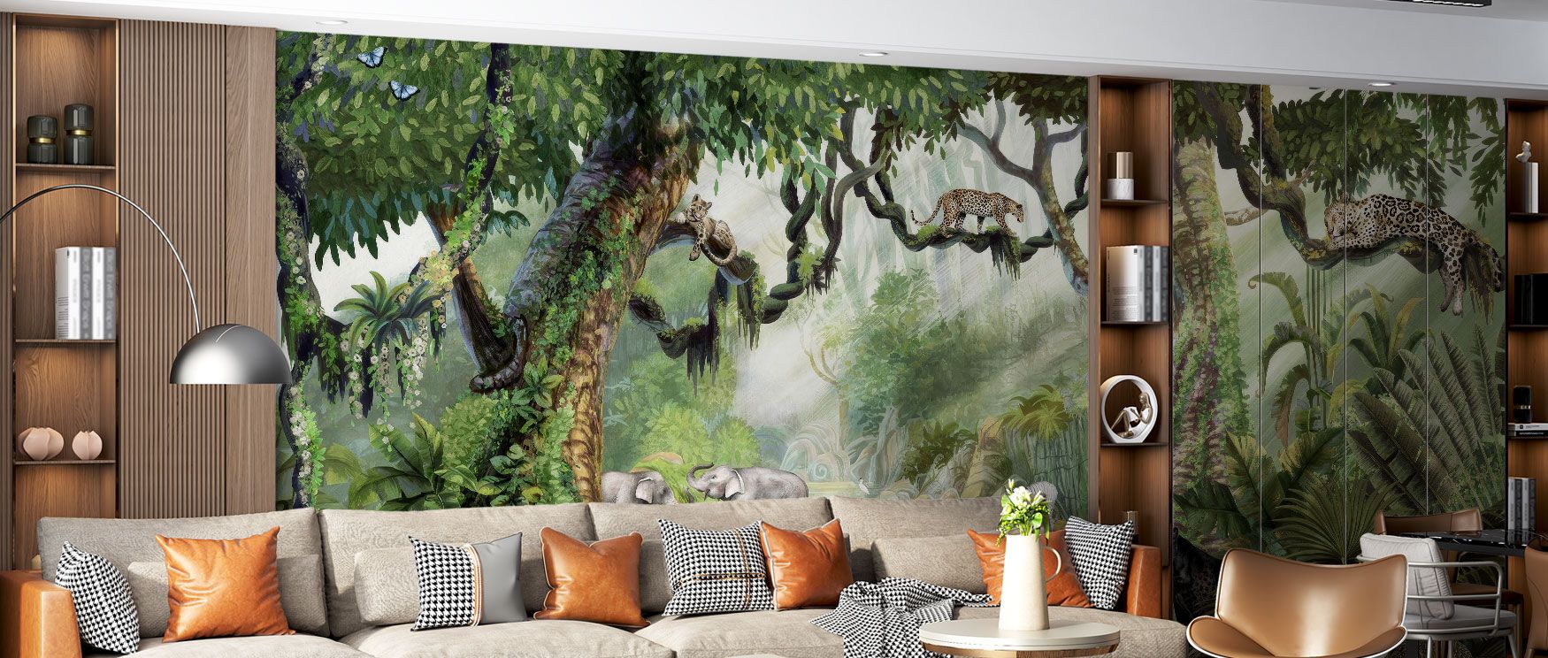 With exotic birds and powerful animals among lush trees, this wallpaper captures the excitement of the wild. The Jungle Safari design infuses interiors with bold tropical charm, suited for adventurous dining rooms, living rooms, or bedrooms. 