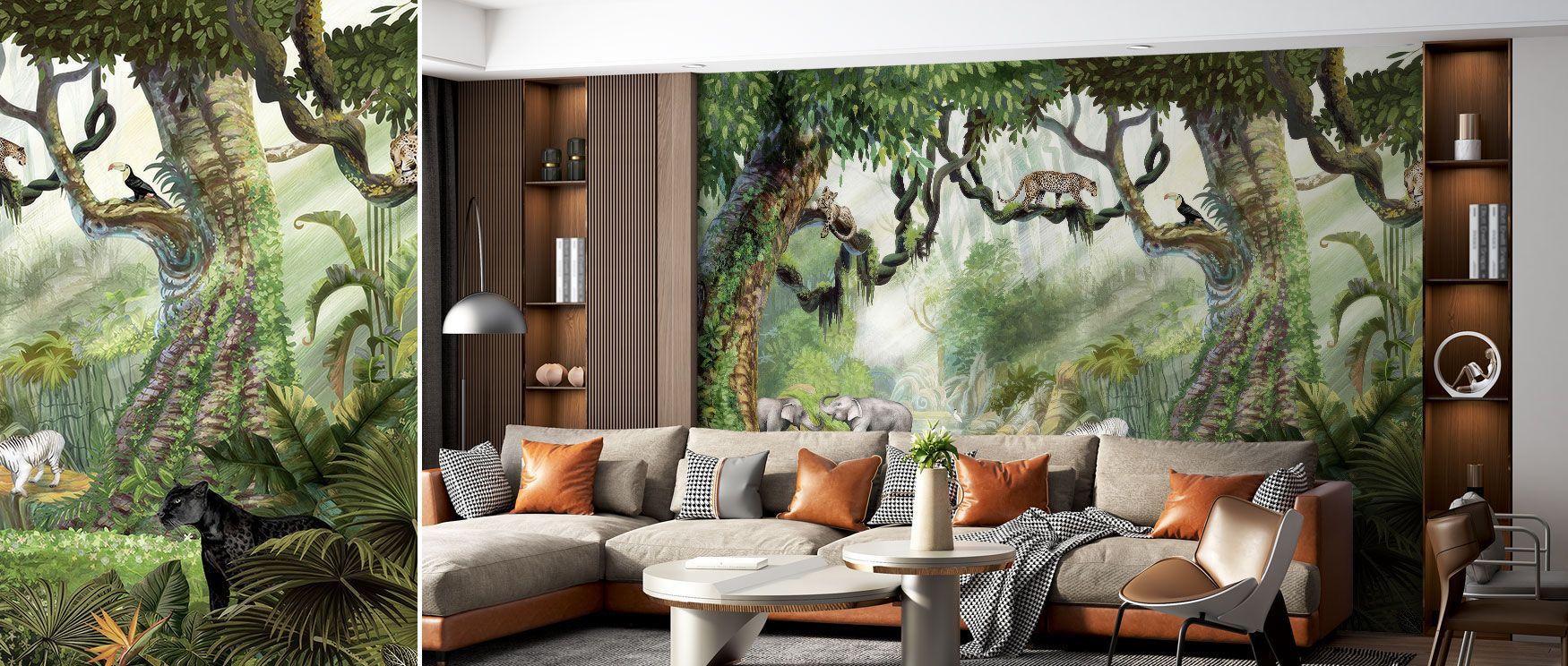 Jungle Safari Wallpaper portrays vibrant wildlife in a lush forest, from colorful birds to elephants and wild cats. Its lively rhythm brings exploration indoors, making it a perfect choice for family rooms or creative spaces that thrive on energy. 