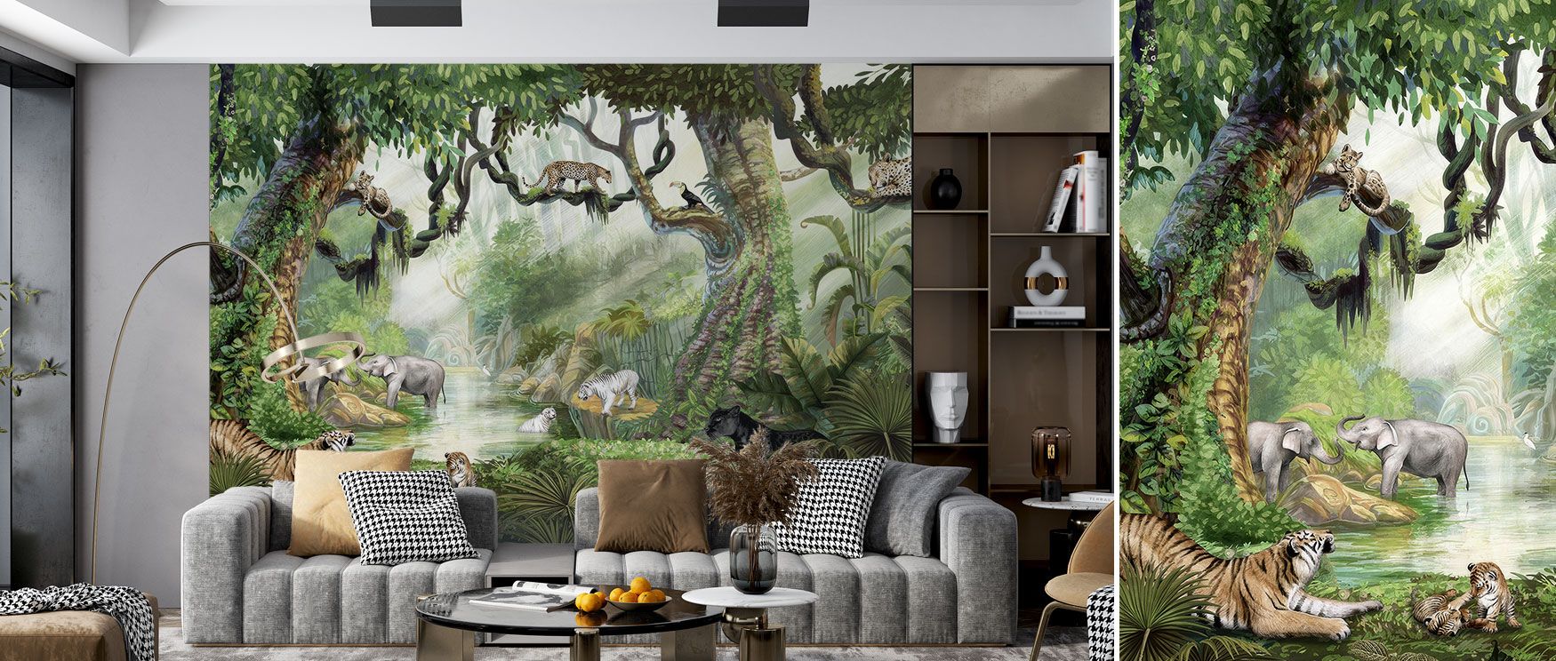 Elephants, tropical cats, and birds fill the Jungle Safari Wallpaper, framed by lush greenery. Its energetic imagery transforms walls into wild escapes, perfect for children’s rooms, adventurous studies, or living spaces that welcome vitality. 