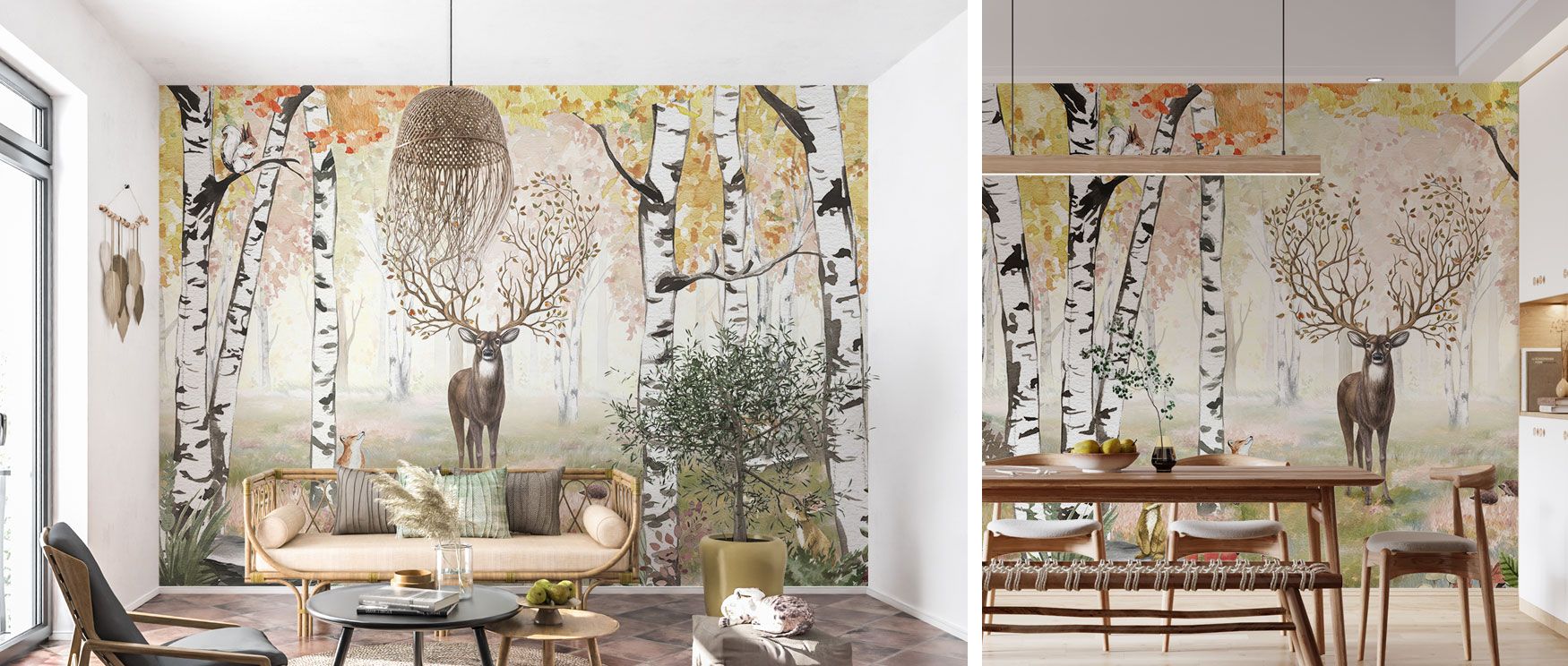 The Amazing Antlers Deer Wallpaper features rich fall colors and deer with prominent antlers, evoking woodland serenity. Its warm palette enhances interiors, making it a perfect fit for restful retreats or cozy communal spaces. 