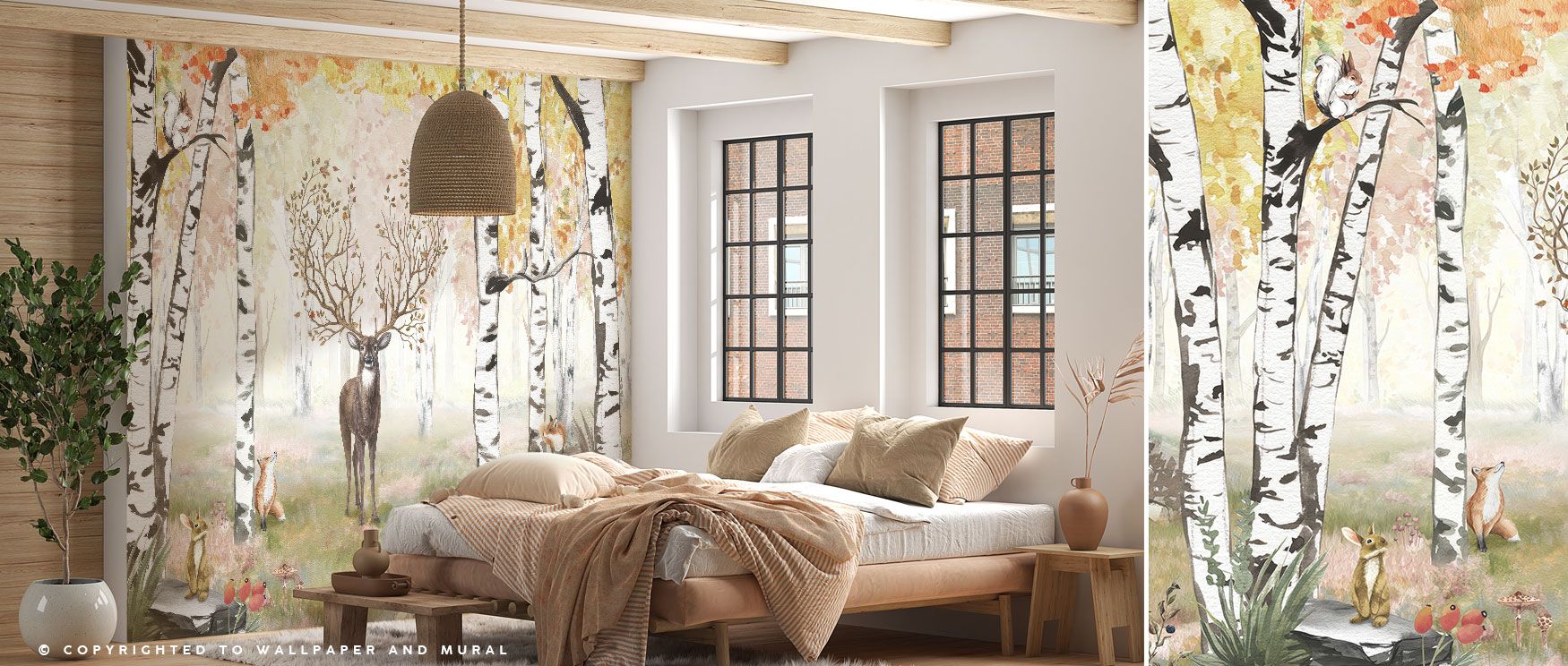 A majestic deer stands in autumn woodland, its antlers framed by russet leaves in the Amazing Antlers Wallpaper. The design offers rustic elegance, ideal for creating peaceful and nature-inspired living or dining spaces. 