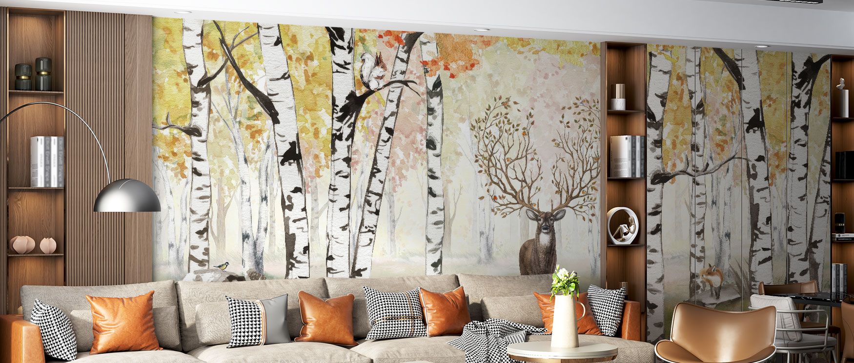 The Amazing Antlers Deer Wallpaper captures autumn’s rhythm with deer among richly colored trees. The scene radiates rustic calm, grounding interiors like bedrooms, studies, or living rooms with seasonal beauty. 