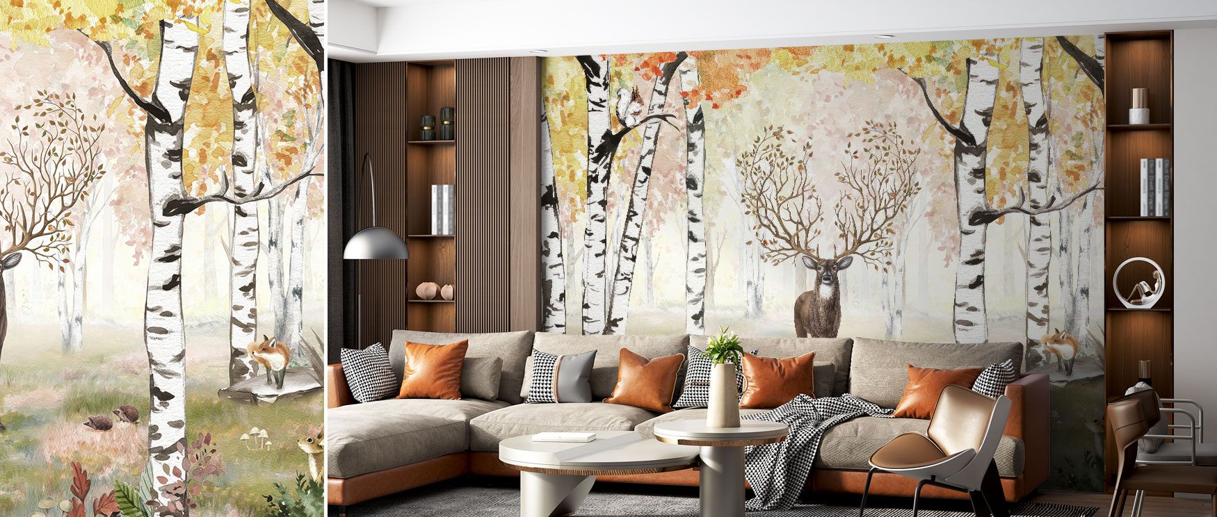 In this wallpaper, deer with antlers stand serenely within golden woodlands. The Amazing Antlers design embodies the essence of fall, making it perfect for bedrooms or living rooms that benefit from warmth and calm. 