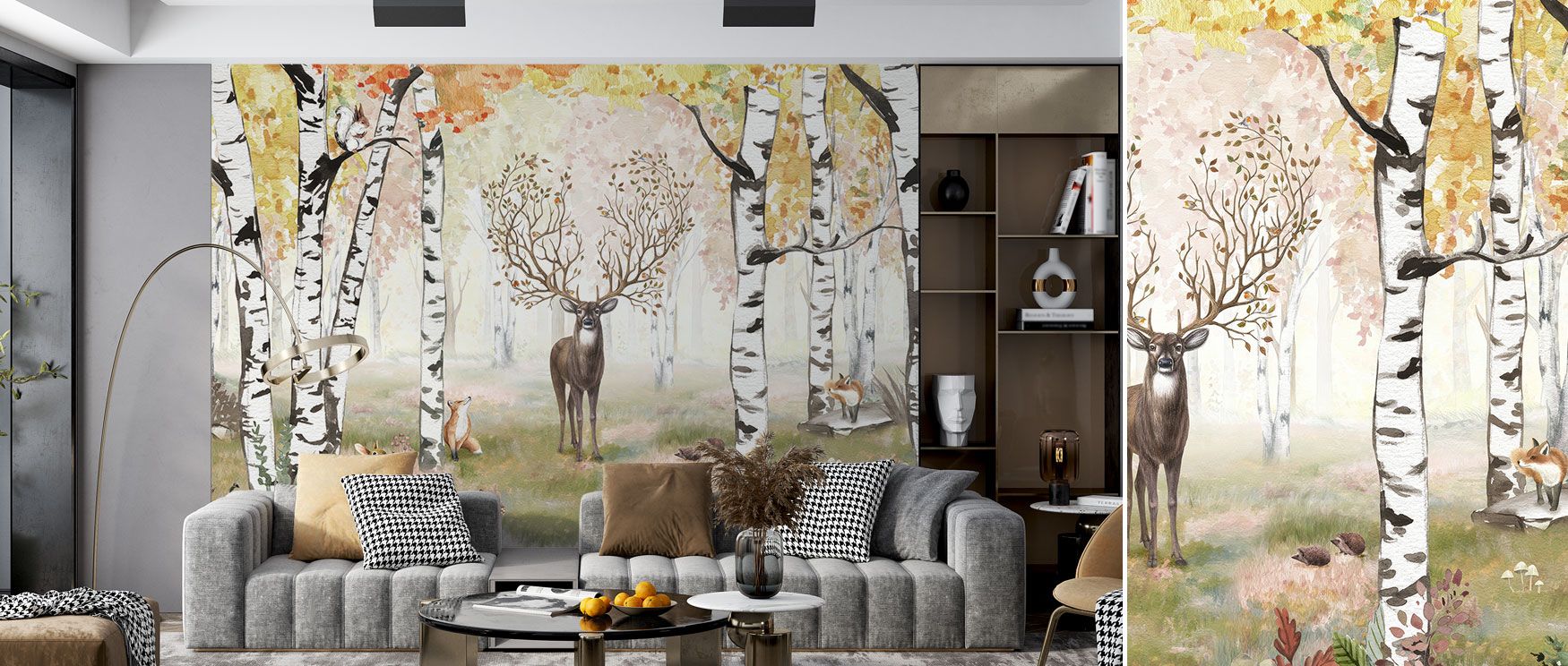 A warm woodland unfolds in the Amazing Antlers Deer Wallpaper, where deer with antlers bring natural elegance to interiors. The seasonal tones create rustic charm, suitable for serene dining rooms or cozy bedrooms. 
