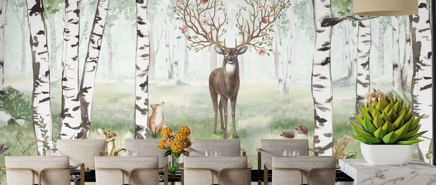 In the Amazing Antlers Deer Wallpaper, deer stand among tall summer trees framed with vibrant green leaves. The imagery conveys peace and woodland balance, offering interiors a sanctuary-like calm. Its design suits bedrooms where restful energy is desired