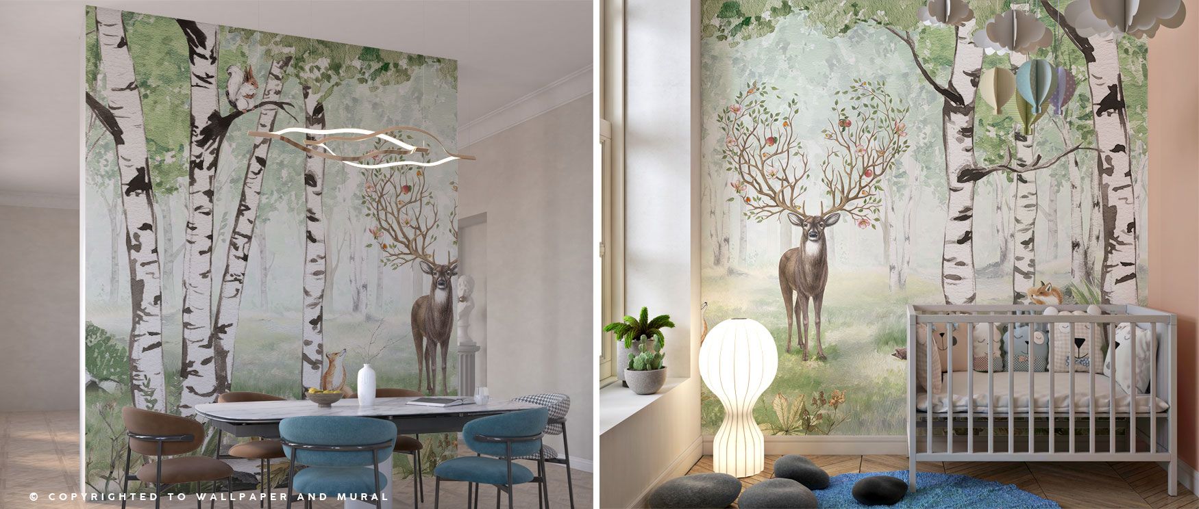 Graceful deer appear in the Amazing Antlers Deer Wallpaper, framed by green leaves and large trees in a summer forest setting. The design evokes peace and balance, ideal for bedrooms, studies, or rustic-themed living rooms. Its artistry blends natural ins