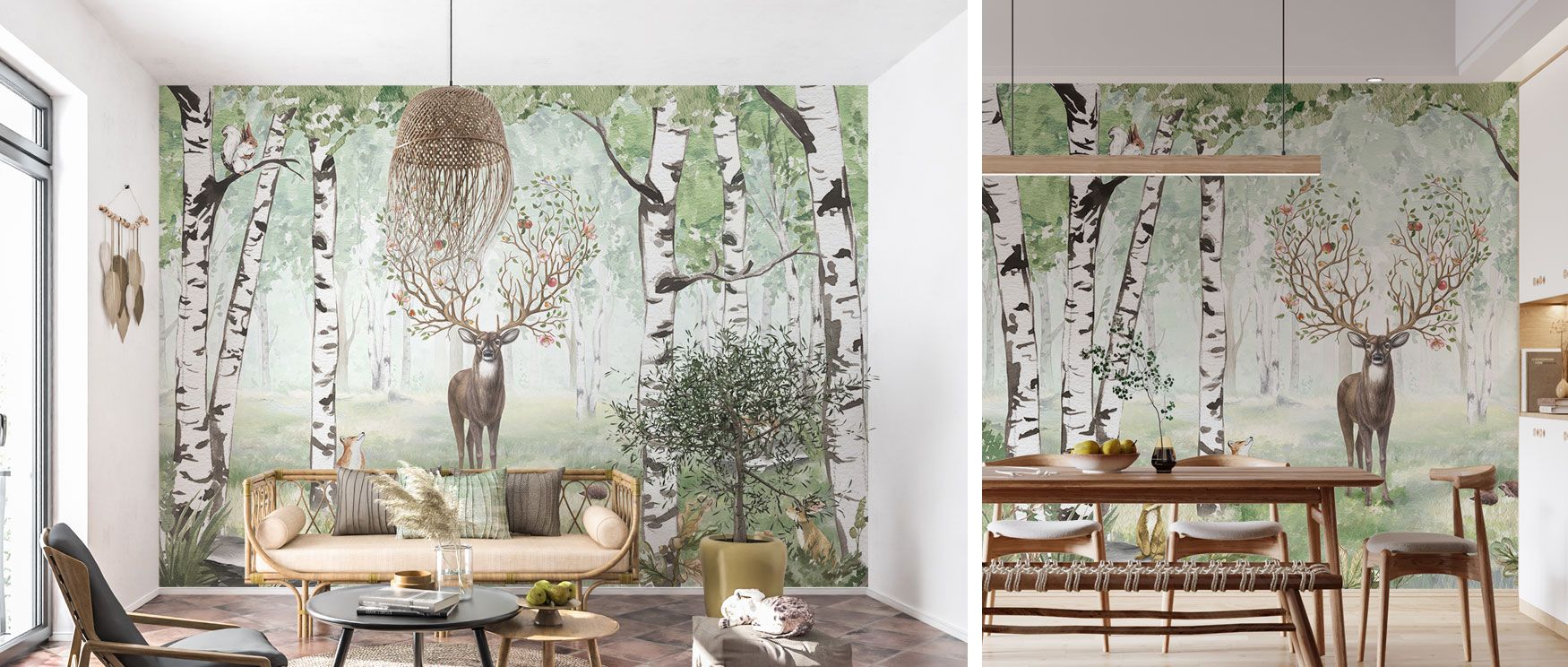 The Amazing Antlers Deer Wallpaper captures the calm of a summer woodland scene, with deer standing proudly among green trees. Its balance of foliage and wildlife creates a timeless decorative rhythm, perfect for bedrooms, living rooms, or dining spaces. 