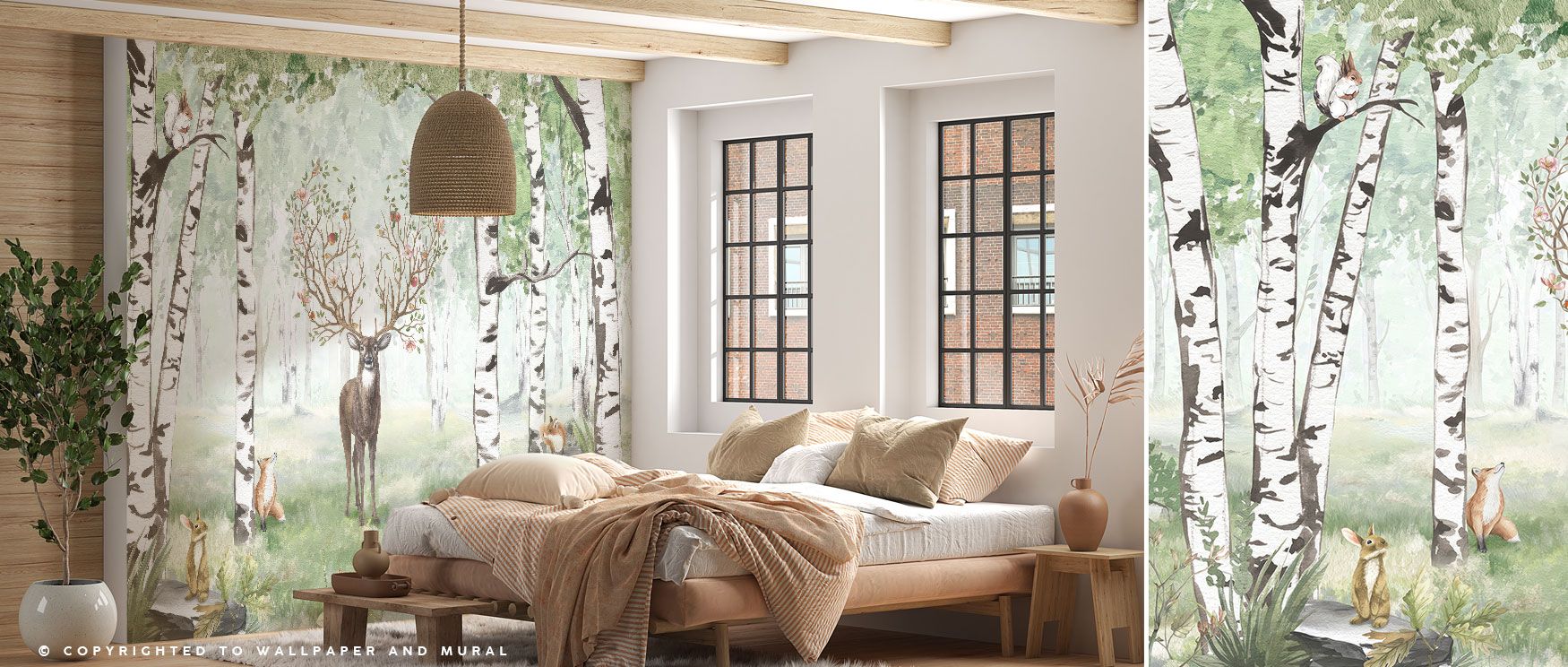 Deer with antlers grace a summer woodland in the Amazing Antlers Deer Wallpaper, surrounded by rich green leaves and towering trees. This design embodies the peace of nature, making it perfect for studies, restful bedrooms, or rustic living spaces. Its im