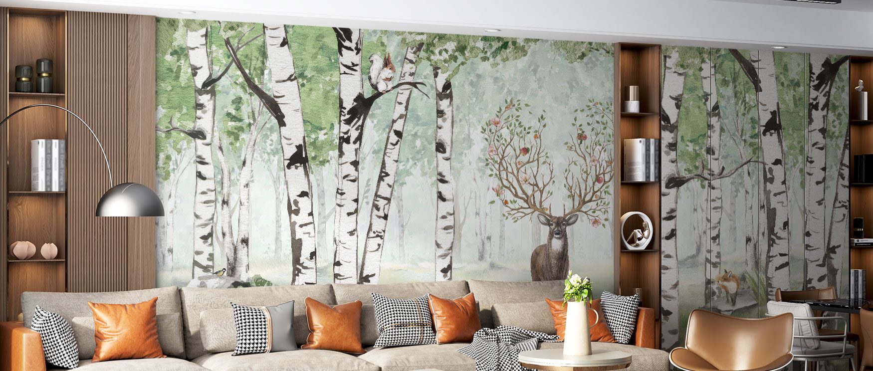 The Amazing Antlers Deer Wallpaper shows majestic deer among tall summer trees with foliage in fresh green tones. The composition radiates calm and natural vitality, ideal for interiors seeking tranquility. Bedrooms and studies gain restful atmosphere, wh