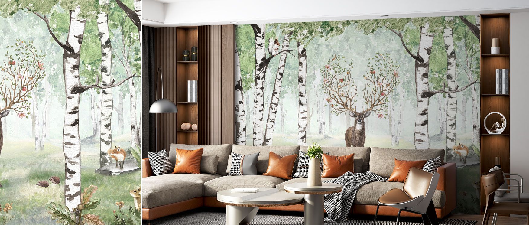 A summer woodland filled with deer, green leaves, and tall trees defines the Amazing Antlers Deer Wallpaper. Its imagery recalls timeless natural scenes, grounding interiors in balance and calm. Perfect for creating restful retreats, this wallpaper enhanc