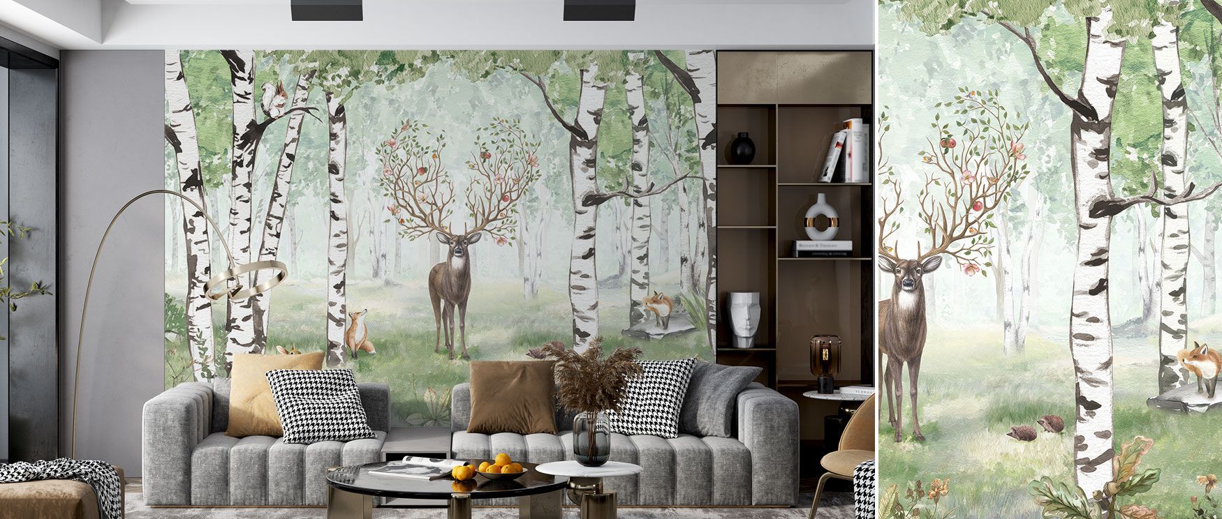 The Amazing Antlers Deer Wallpaper presents deer with antlers resting in a lush forest of green summer leaves and tall trees. The design captures both strength and serenity, transforming walls into natural vistas. Its calm rhythm and detailed artistry cre