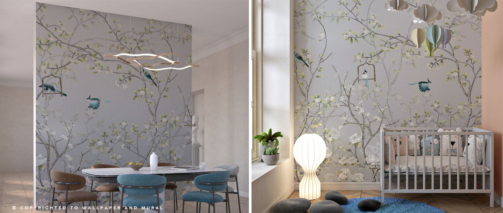 Elegant silver birds perch in a grey botanical setting in the Chisine Wallpaper, creating interiors filled with sophistication and serenity. Its subtle shimmer adds refined charm, while its imagery evokes calm. Perfect for bedrooms, dining rooms, or livin