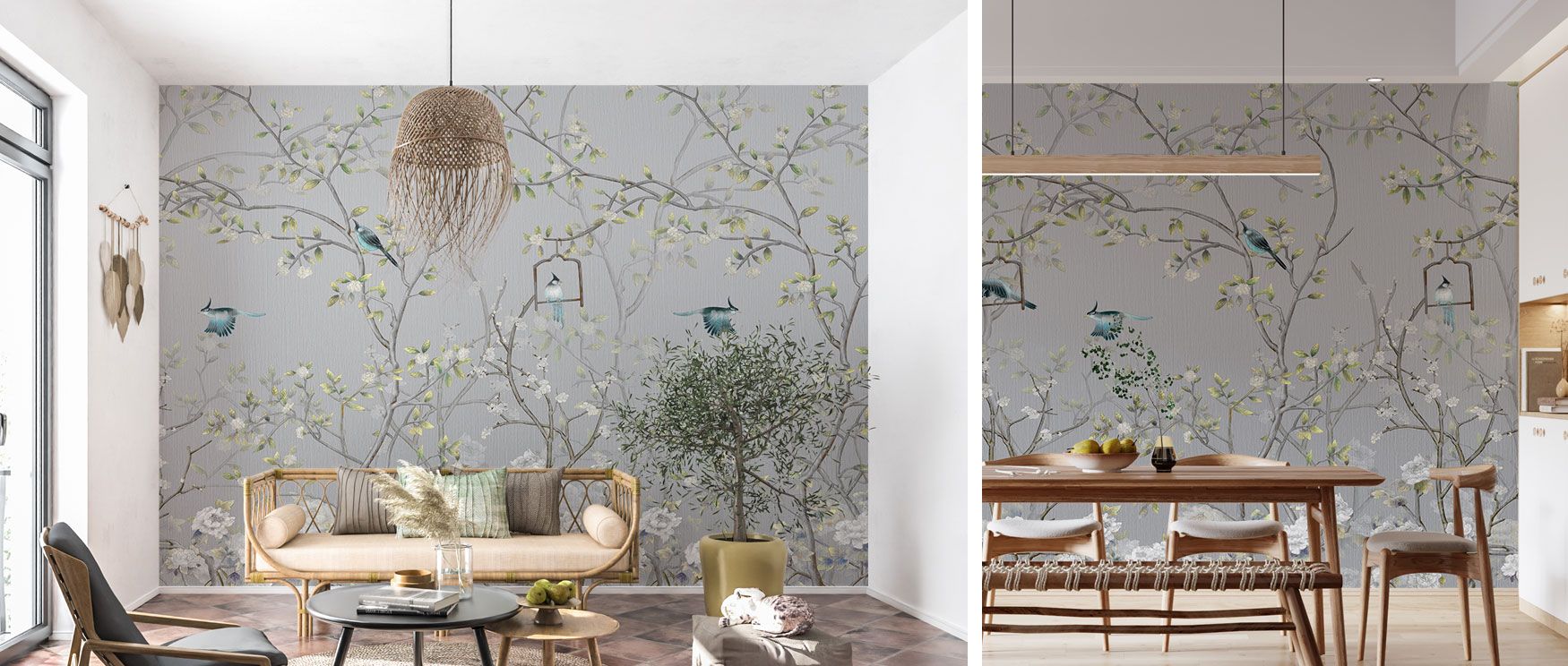 The Chisine Silver Birds Wallpaper captures tranquility through silver birds resting in a lush grey garden of foliage. Its palette evokes calm sophistication, perfect for elegant bedrooms, serene studies, or dining areas. Metallic tones add depth and refi