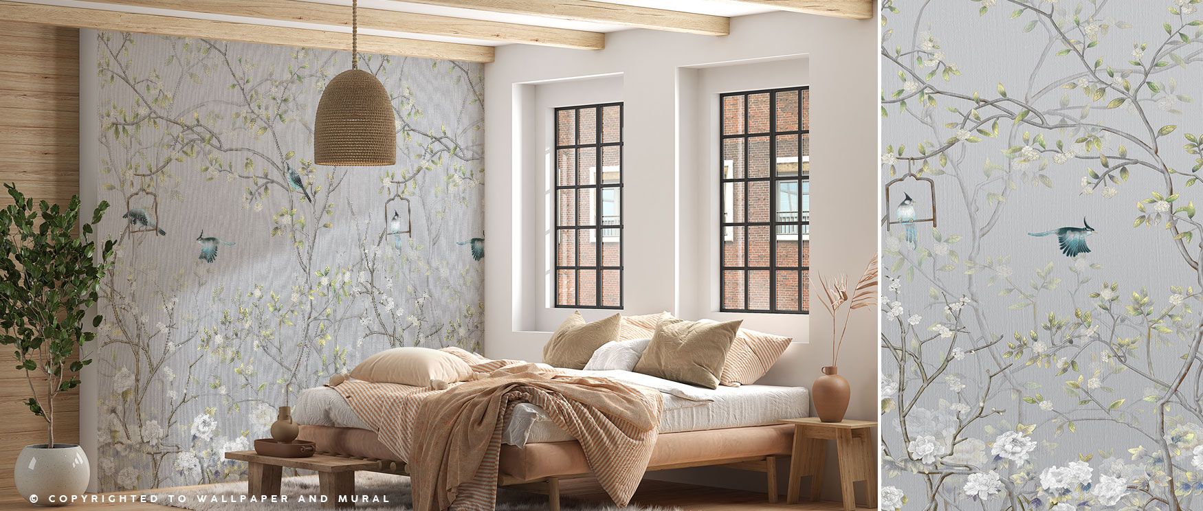 Silver birds rest gracefully among grey foliage in the Chisine Wallpaper, their presence offering serenity and refinement. The design creates peaceful rhythm across walls, enhancing bedrooms, living rooms, or studies with calm sophistication. Its metallic