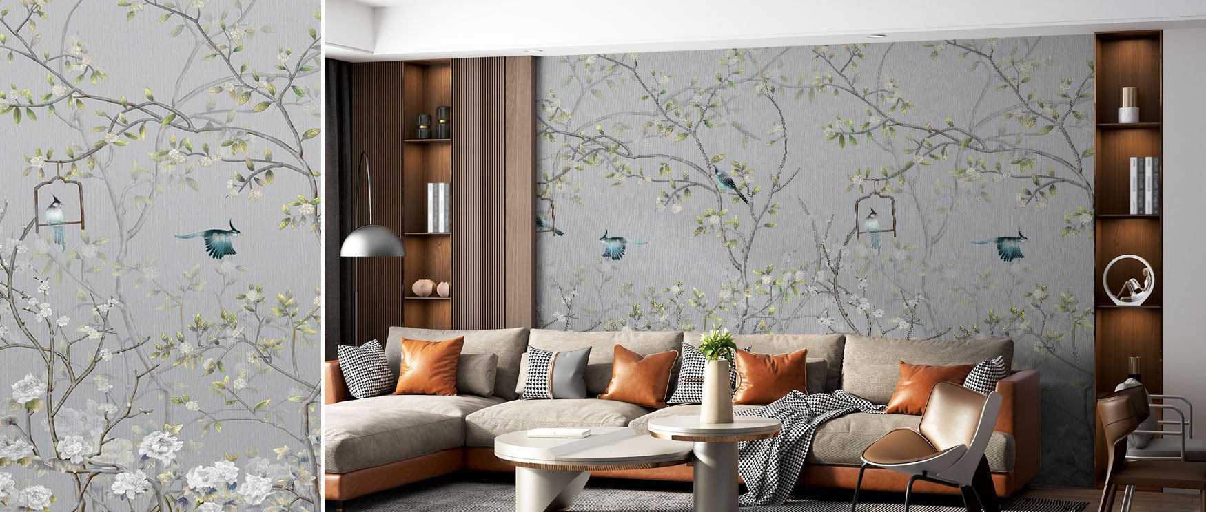 A lush grey garden filled with foliage frames silver birds in the Chisine Wallpaper, creating interiors with calm refinement. The design radiates sophistication, making it ideal for bedrooms or dining rooms that seek stylish tranquility. Its metallic tone