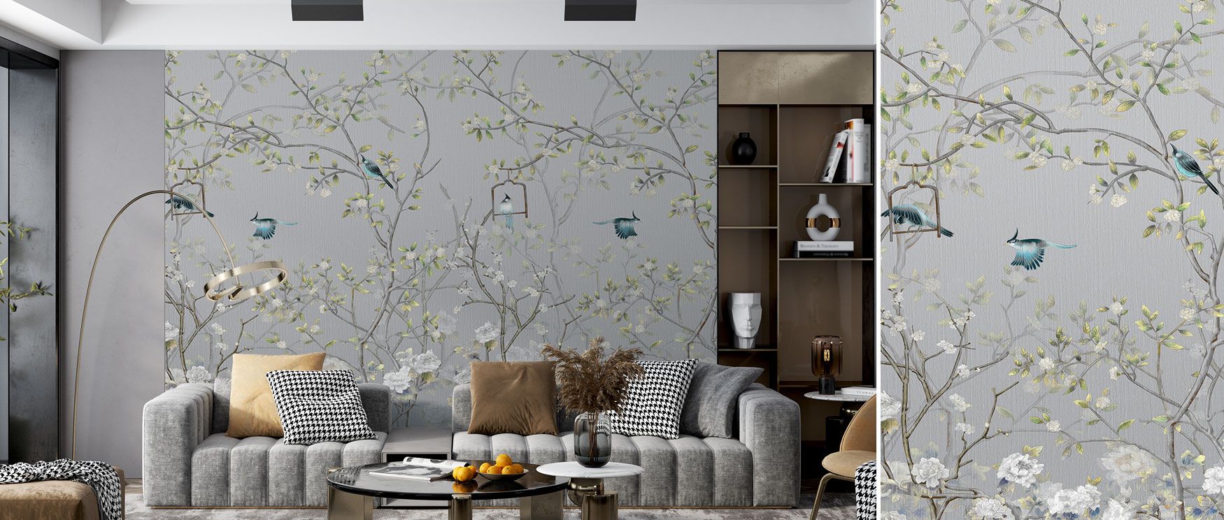 In this wallpaper, silver birds perch gracefully among grey botanicals, creating interiors that balance serenity and style. The Chisine Silver Birds Wallpaper enriches bedrooms with calm elegance, dining areas with sophistication, and living rooms with ti