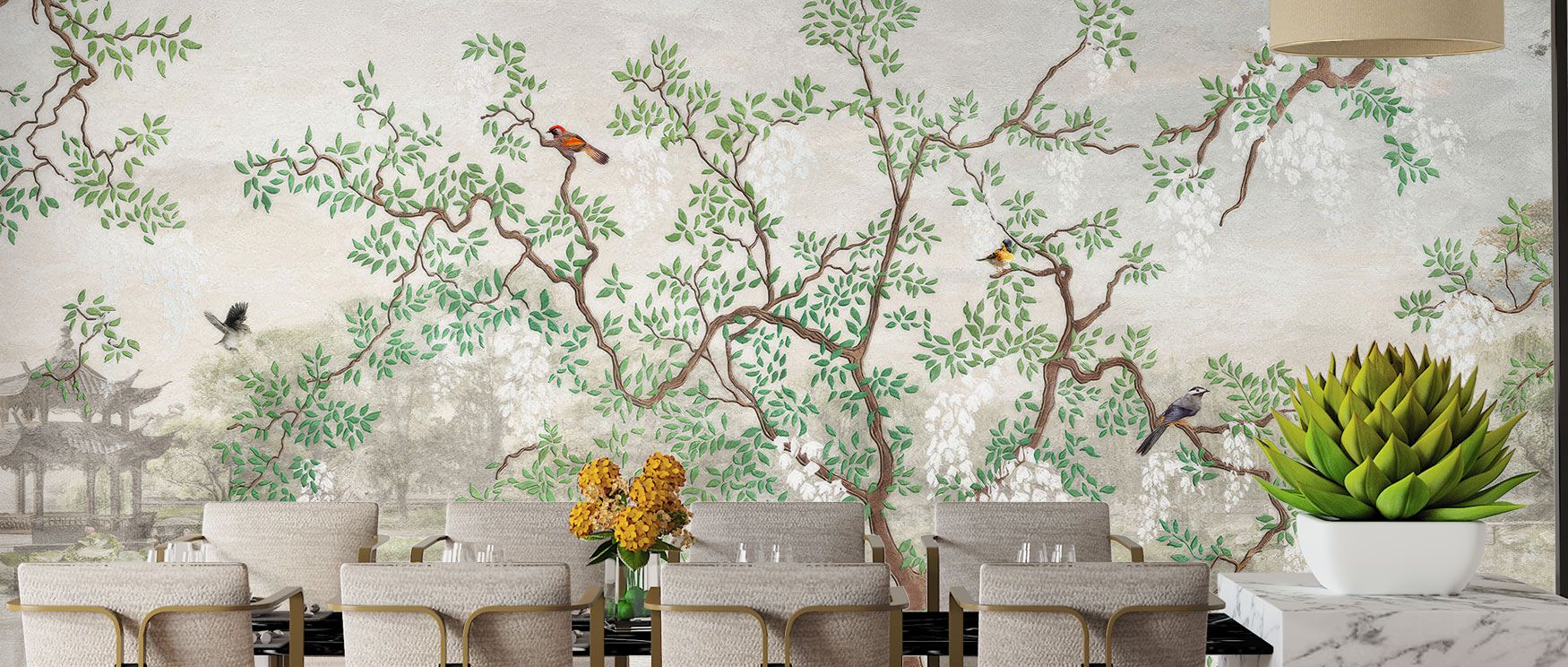 Derous Trees Birds Plants Wallpaper creates a rainforest vista with trees, birds, and lush plants. Its lively composition brings warmth and vibrancy into bedrooms, dining spaces, or living rooms, offering grounding beauty. The wallpaper blends bold design