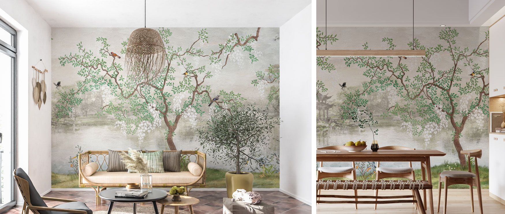 Lush tropical beauty unfolds in the Derous Trees Birds Plants Wallpaper, where exotic foliage and colorful birds create a lively sanctuary. Perfect for bedrooms seeking fresh energy, dining areas wanting charm, or living spaces designed for vibrancy, this