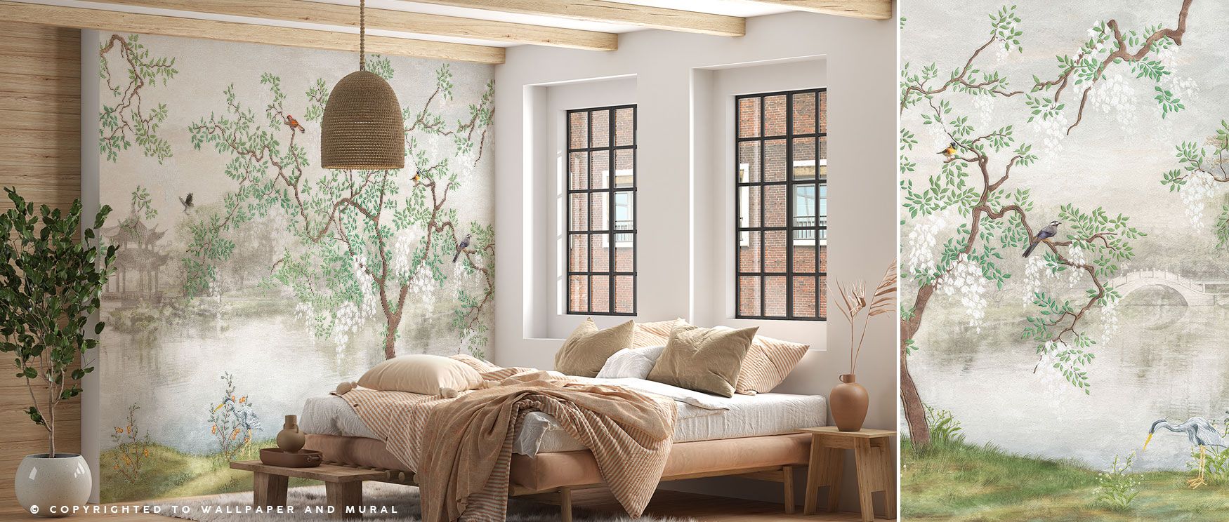 Exotic trees, plants, and vibrant birds fill the Derous Wallpaper, evoking rainforest vitality. This lush composition brings energy and warmth, grounding interiors with natural beauty. Ideal for living rooms, creative spaces, or rustic dining areas, its i